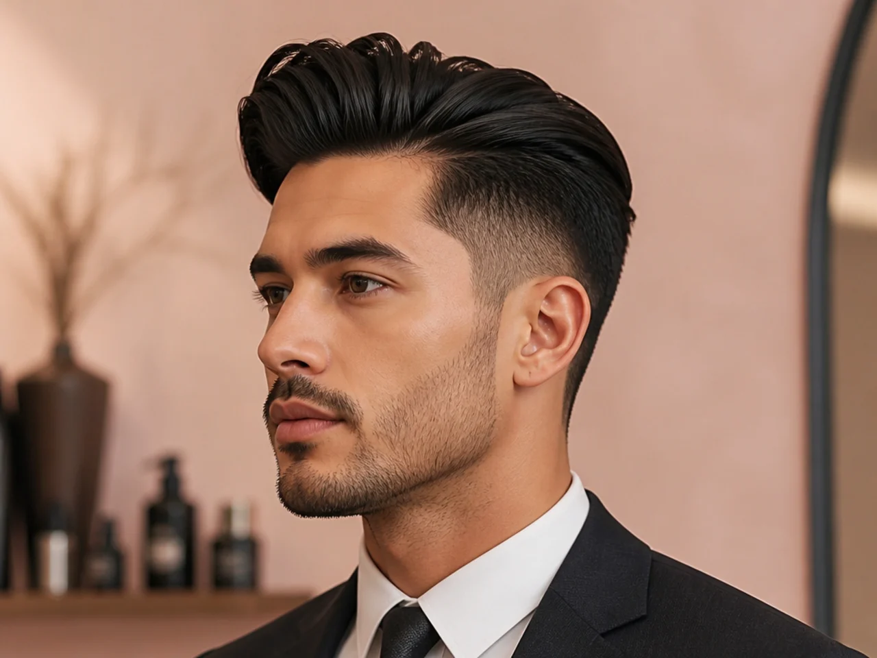 Executive pompadour with genuine height and scissor-tapered sides