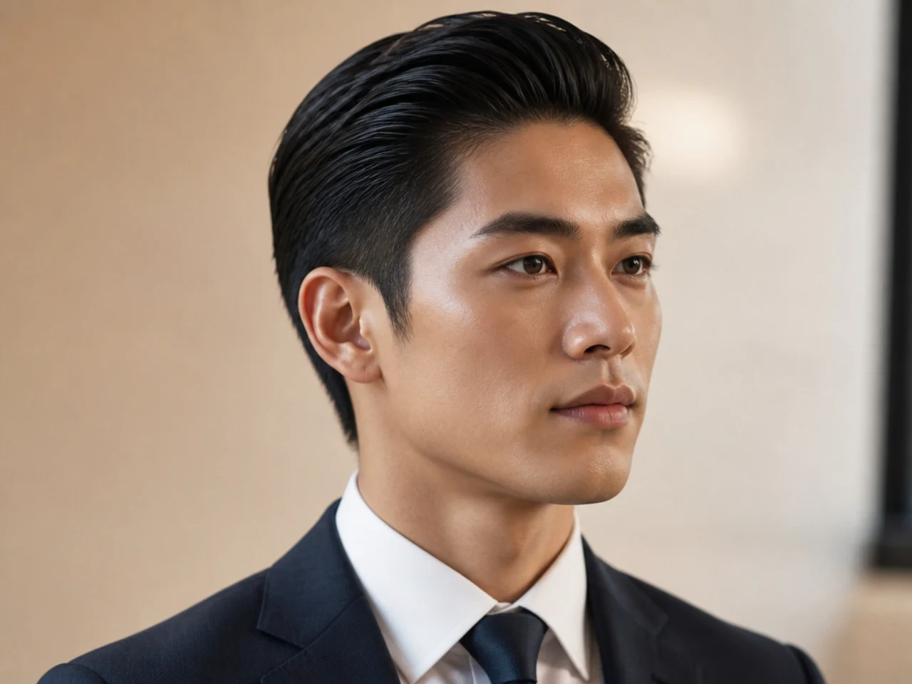 Executive slick back with medium shine and scissor-tapered sides