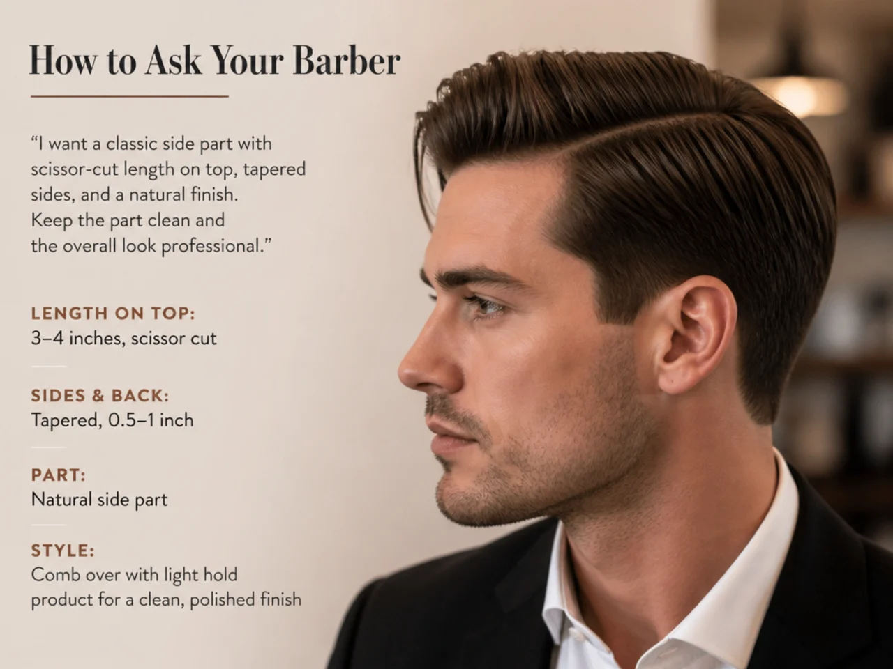 Barber consultation for a business hairstyle — client showing a reference photo
