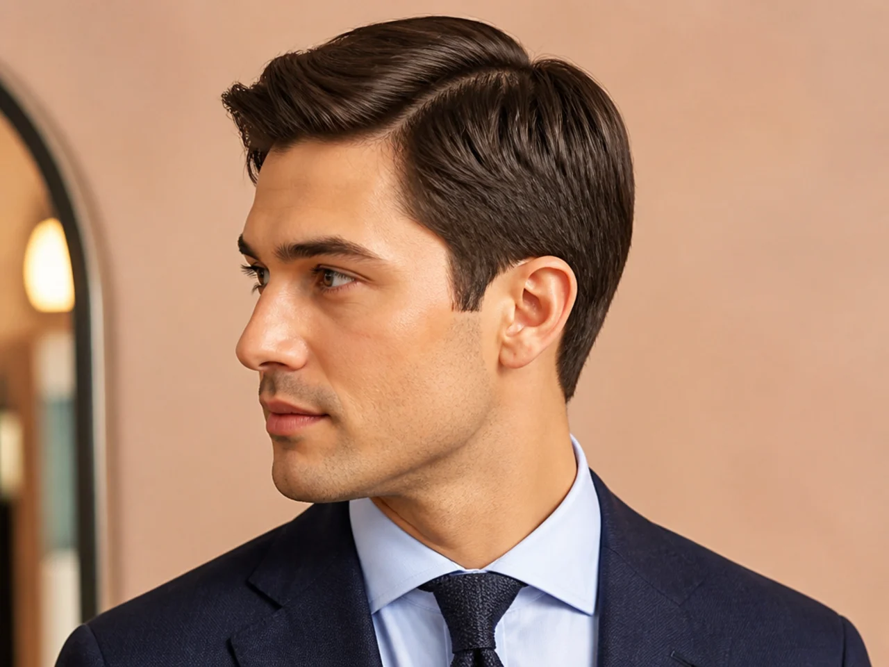 Ivy League business haircut — long crew with a soft side part on brown hair
