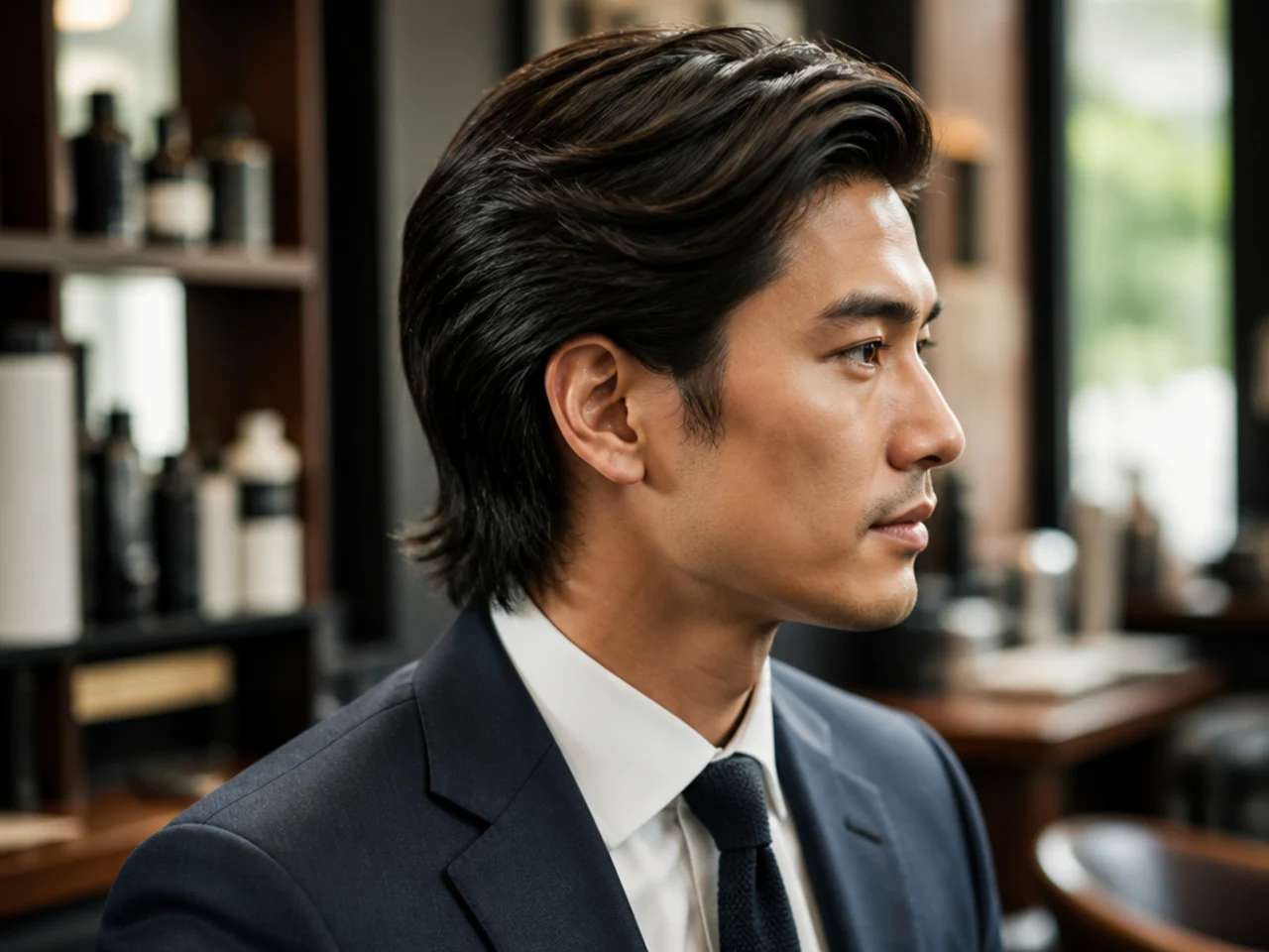 Longer grown-out executive cut with 4-inch top and scissor taper