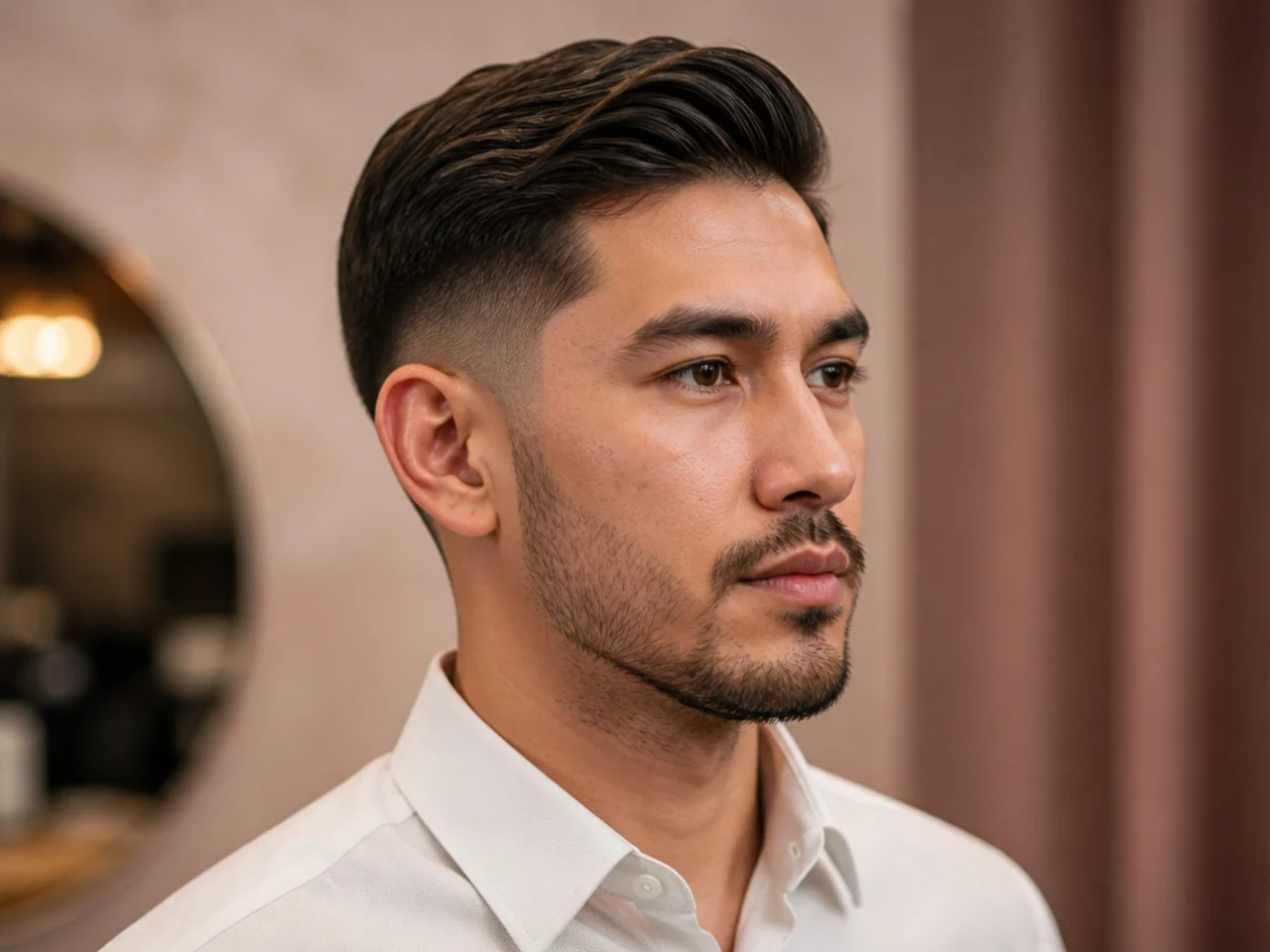 Low-fade business cut on a young professional in a shirt collar
