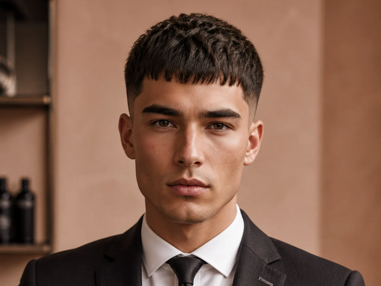 Modern Caesar with a short blunt fringe forward on a young professional