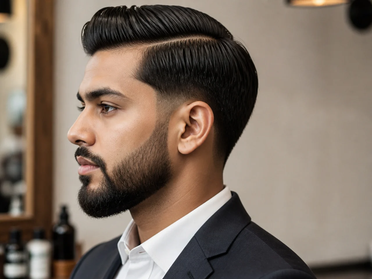 Slick side part with a full trimmed beard blended into the taper