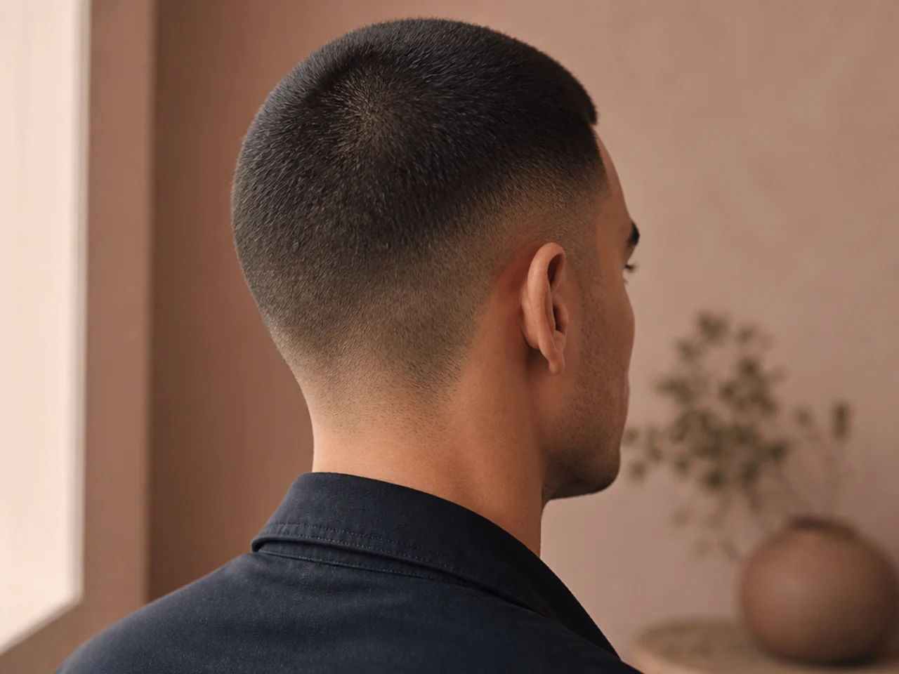 A tapered buzz cut at a number three