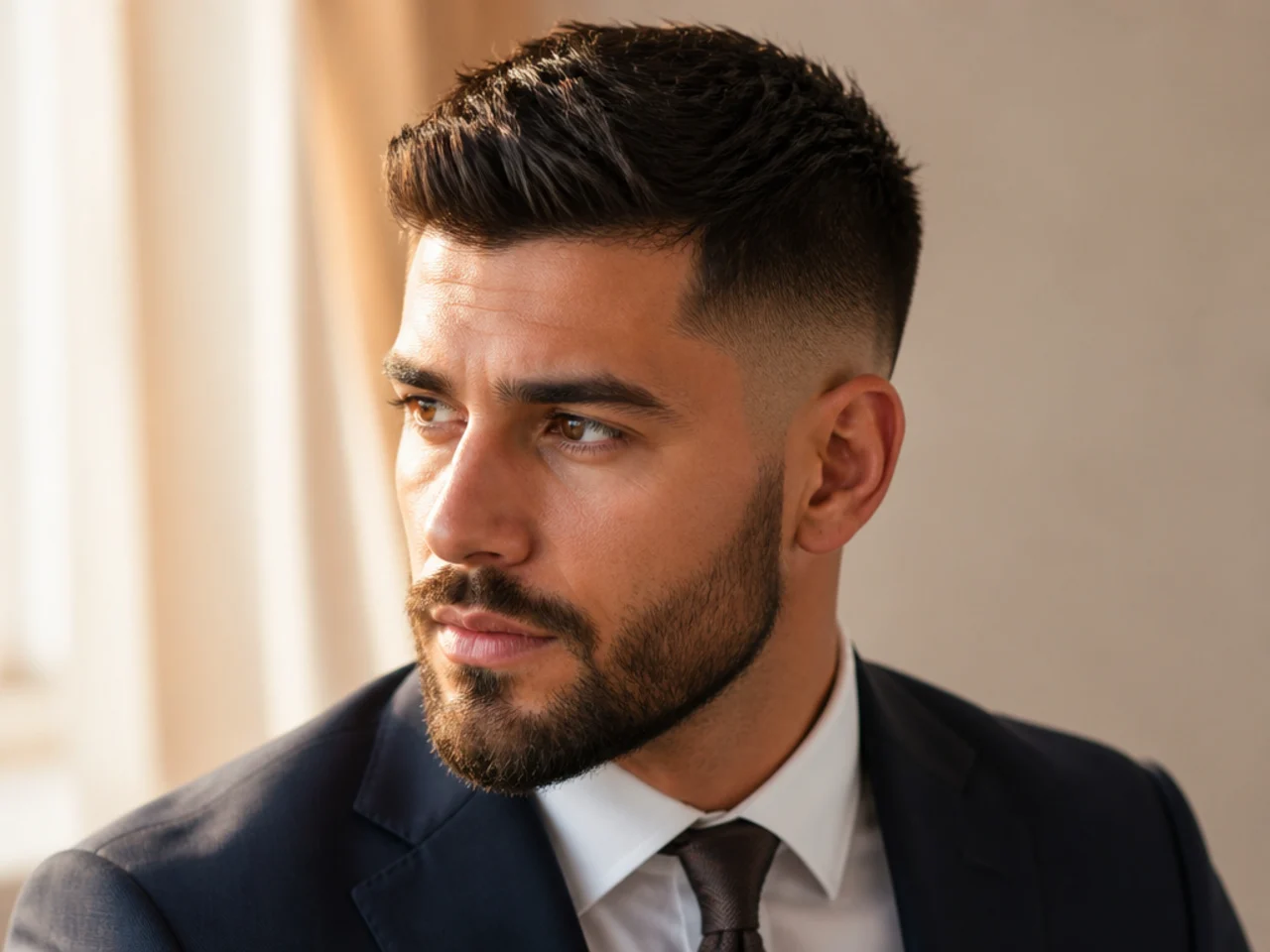 A business haircut with a groomed beard
