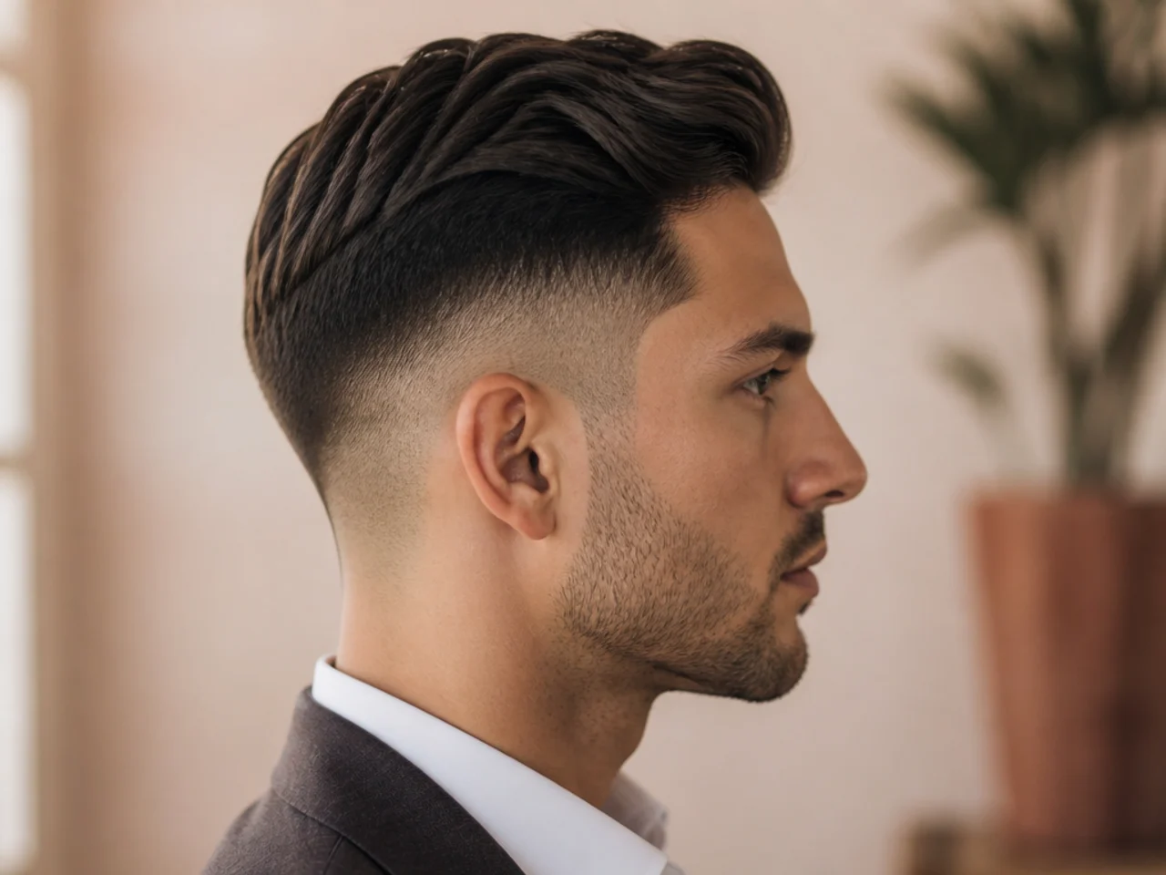 A business haircut shown at week one and week four