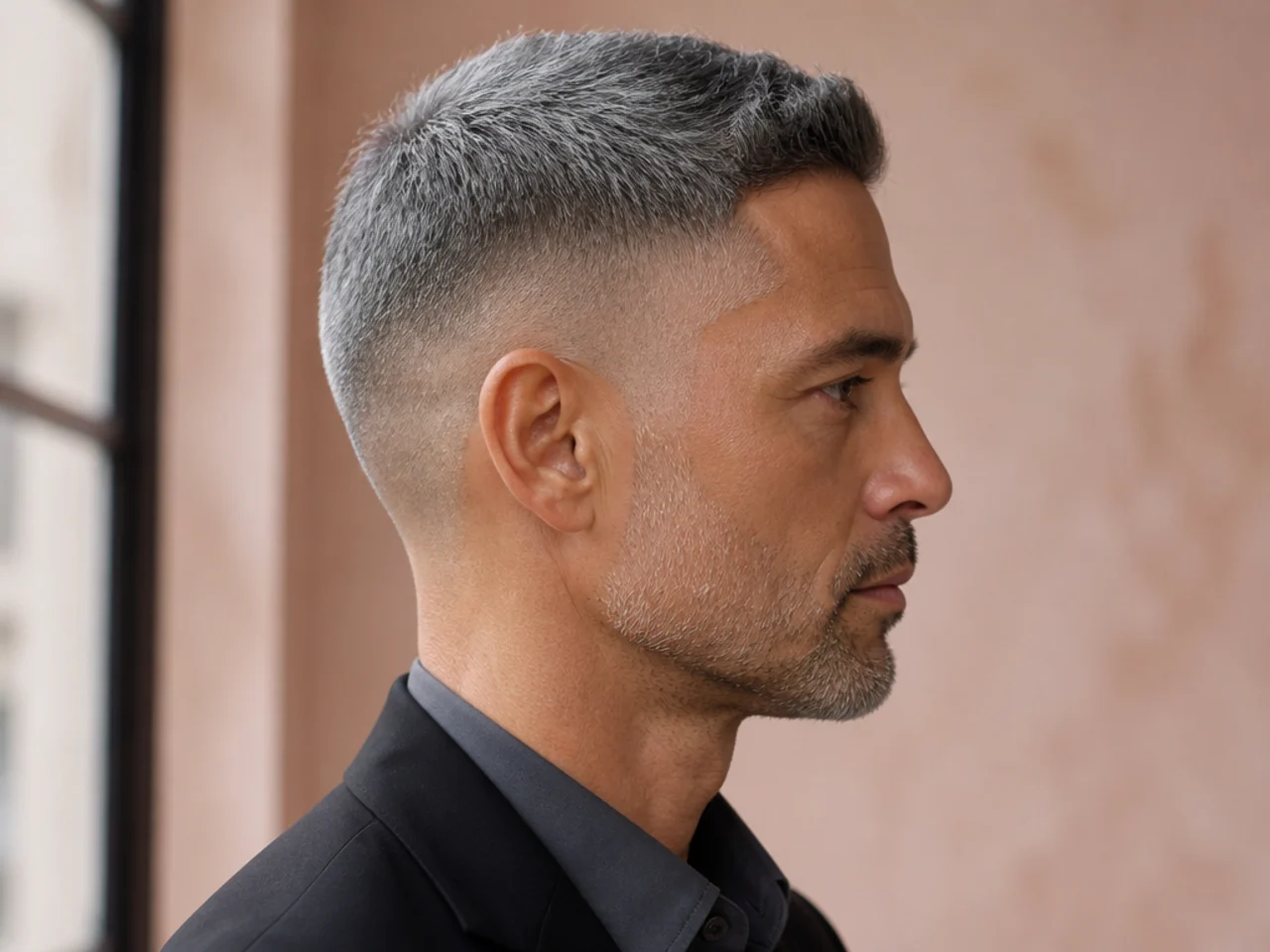A grey short business haircut