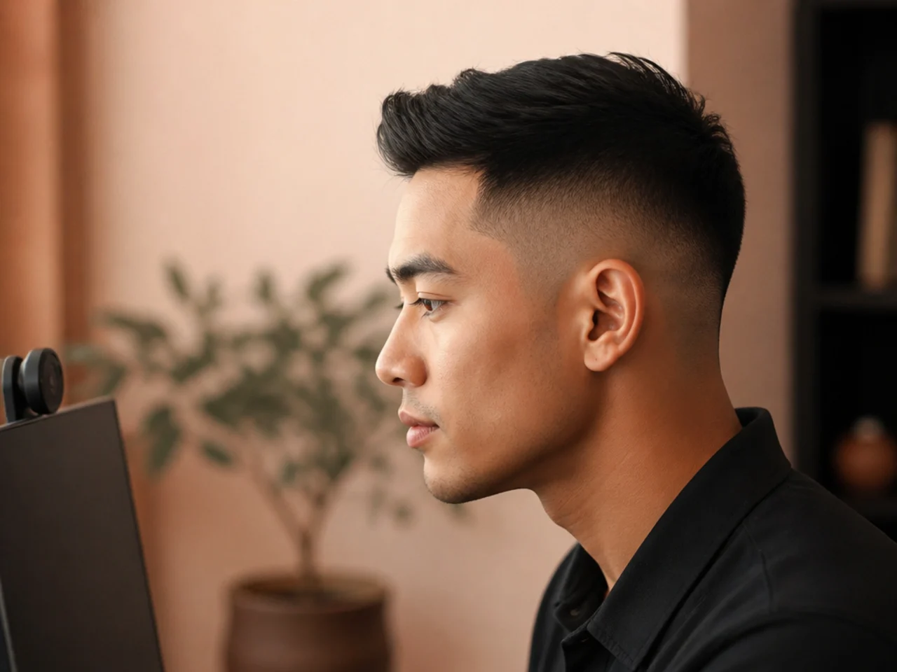 A short haircut on a video call