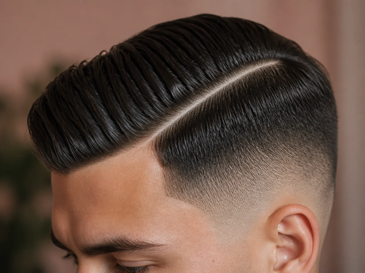 A hard part shaved into a short business haircut