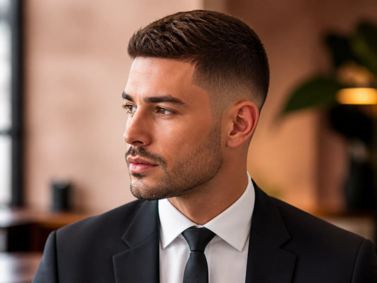 Three-quarter view of a short business haircut