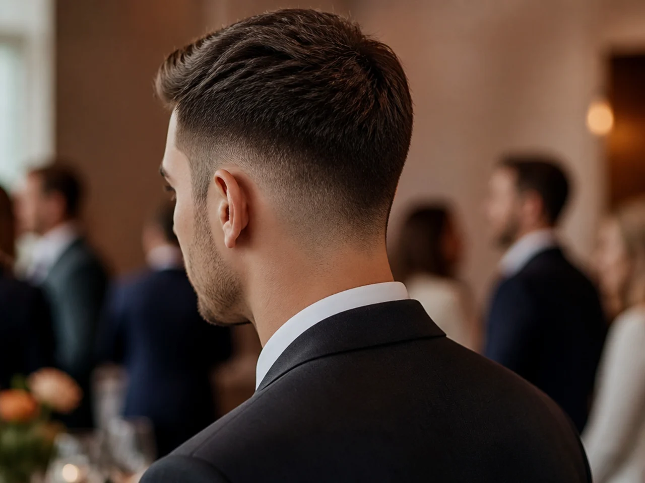 A short haircut viewed at conversational distance