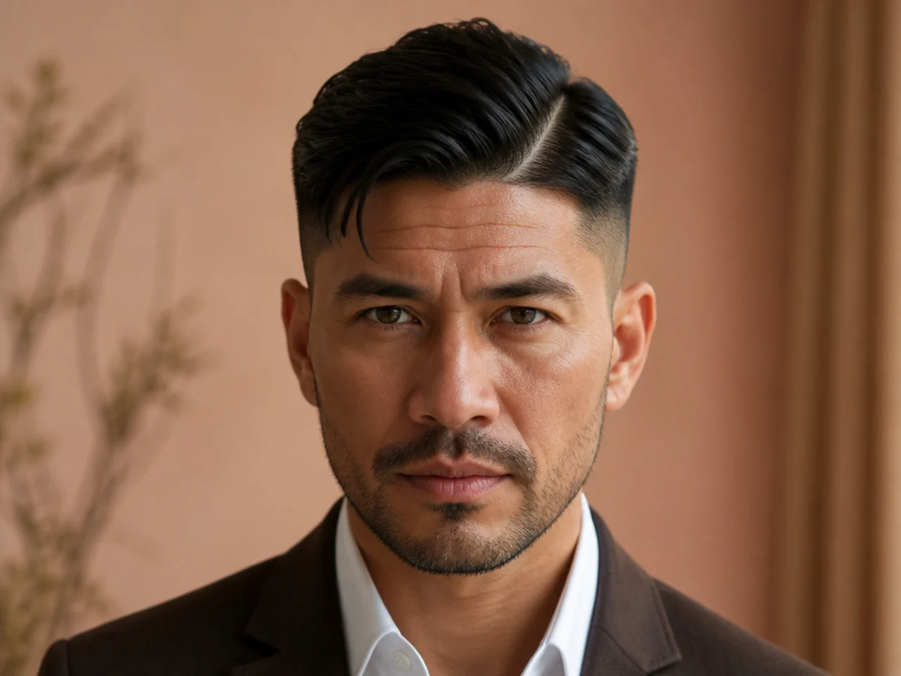 A short haircut with several competing style signals