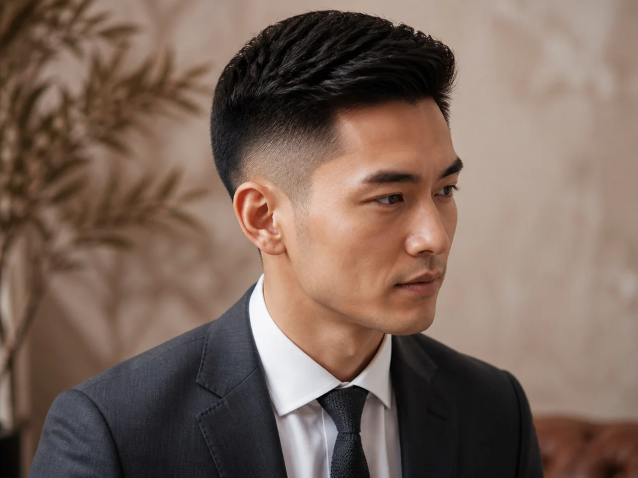 Three-quarter view of a tapered short business haircut