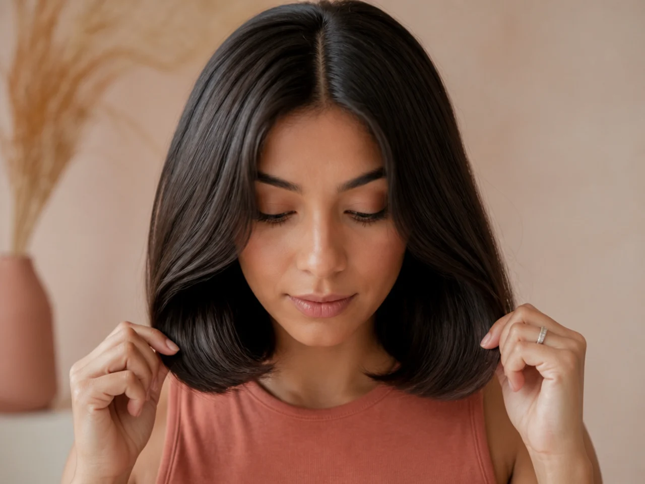 Both sides of the hair pulled forward to the chin and compared