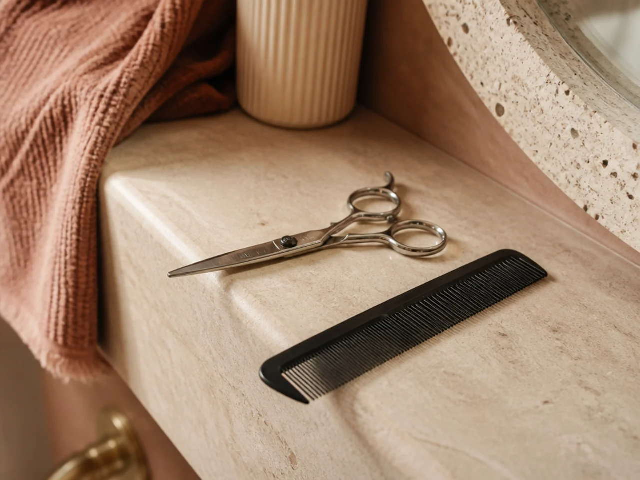 A pair of hairdressing shears and a comb laid out on a bathroom shelf