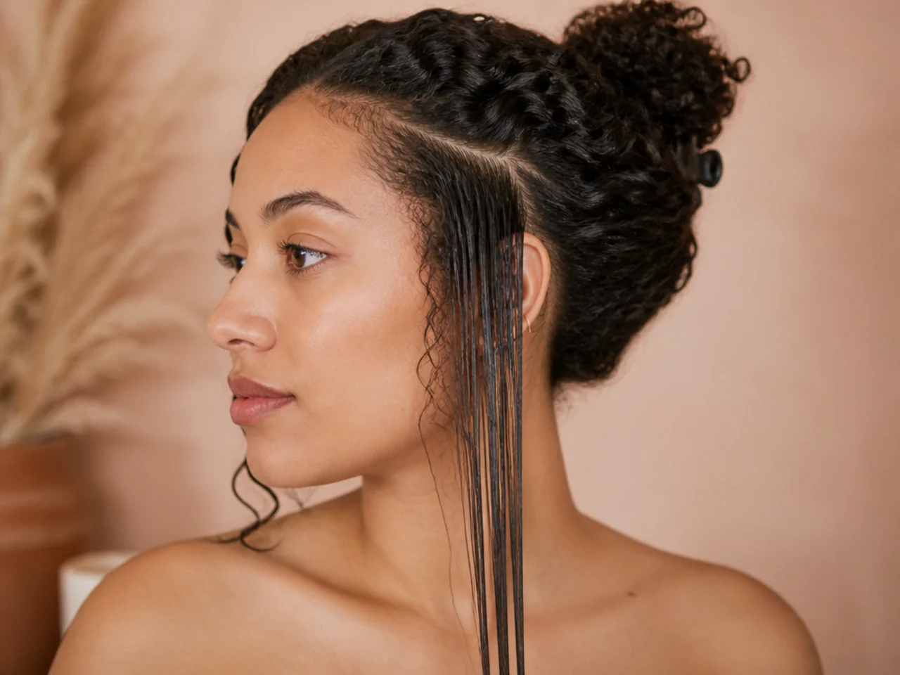 Wet stretched hair beside the same section dried and drawn up