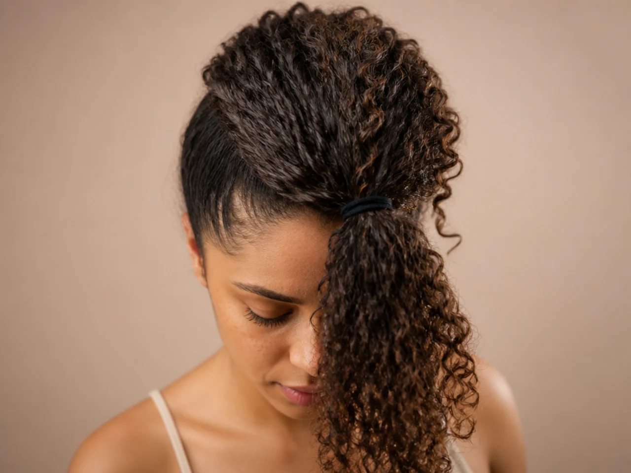 All the hair gathered forward into a single elastic at the front hairline