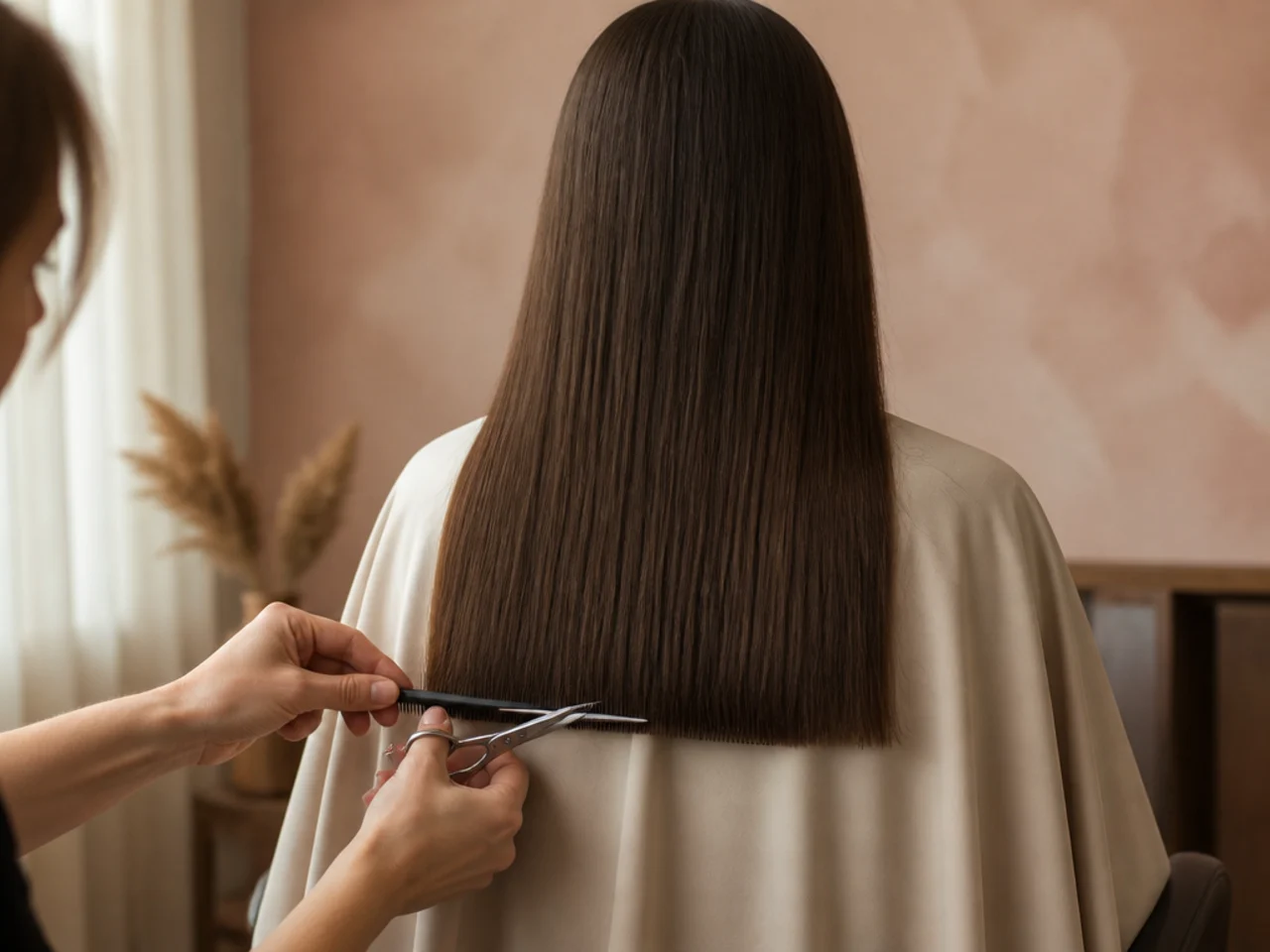 A level blunt hem being cut across the back of long hair