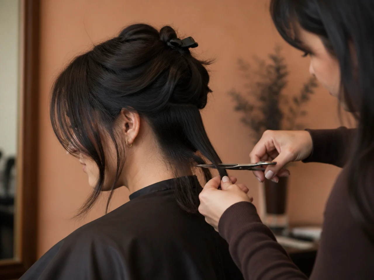 Interior layers being cut at the back of the head by a stylist