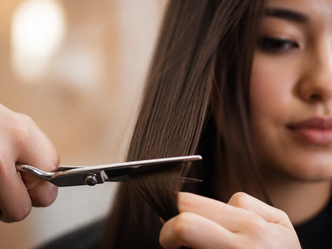 A close view of a sharp hairdressing shear blade against a hair strand