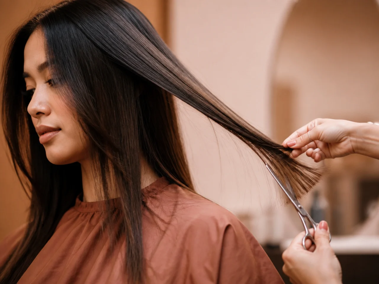 A section of hair held out at a measured angle before being cut