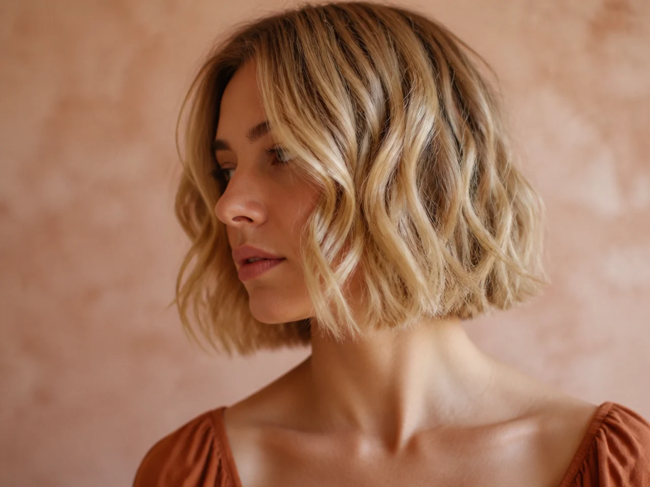 A wavy blonde bob with highlights following the bends of the waves