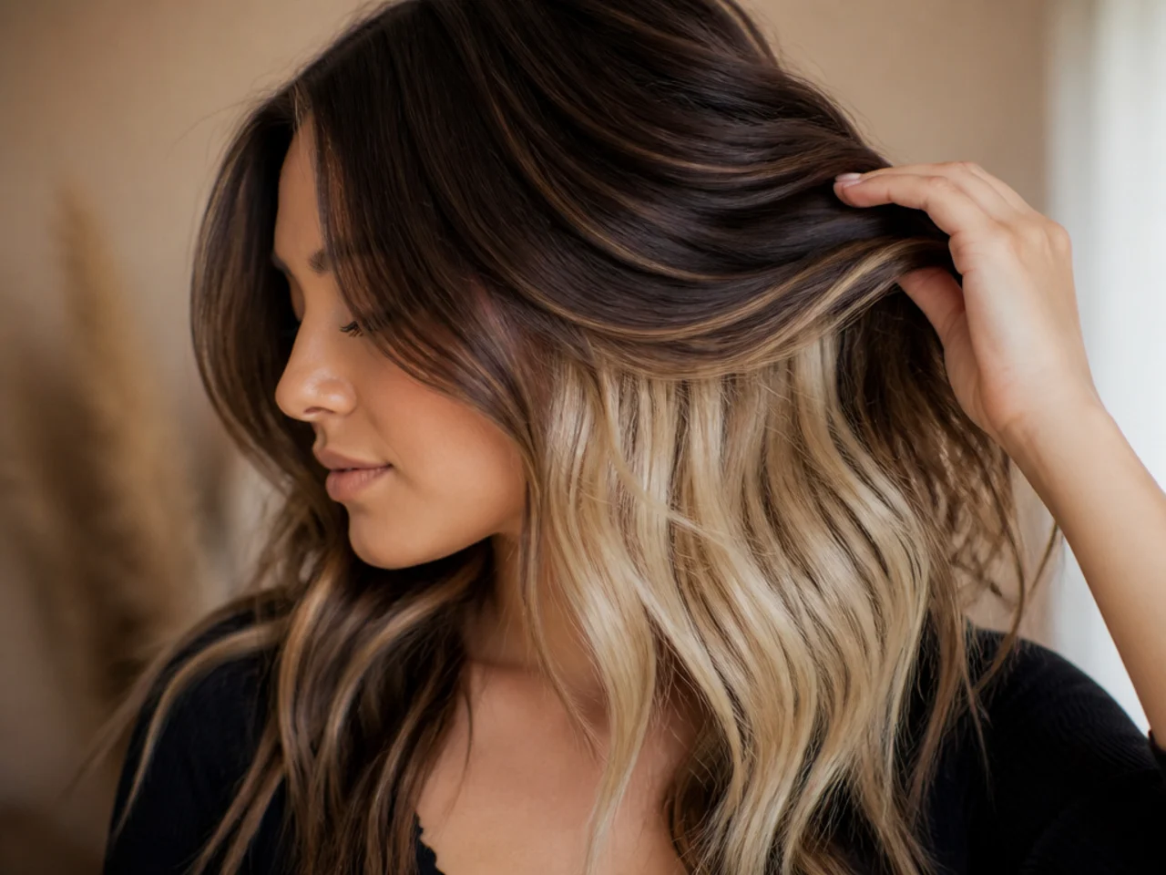 Hidden bright blonde revealed underneath a darker top layer as the hair lifts
