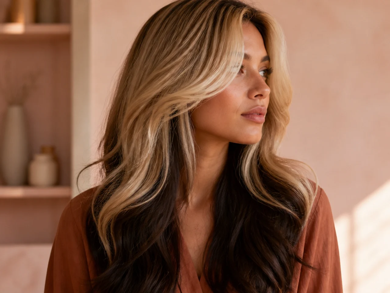 Bright blonde top layers sitting over a deliberately dark bottom section