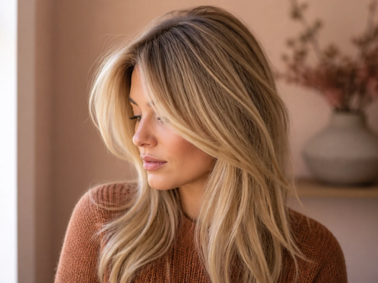 Fine blonde hair with shallow layers and visible root lift at the crown