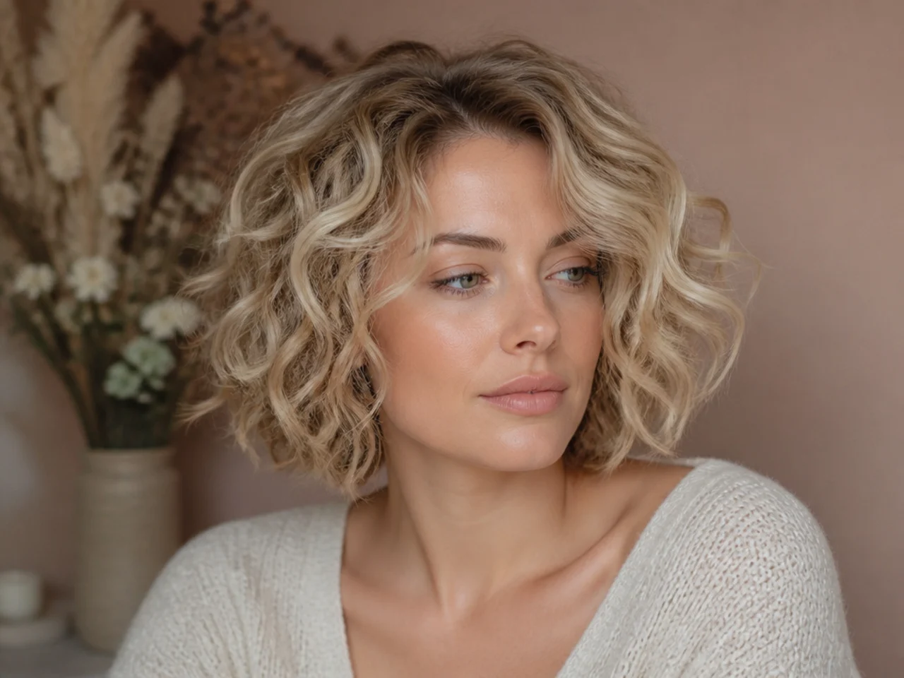 Loose blonde curls in a layered short cut with brighter pieces around the face