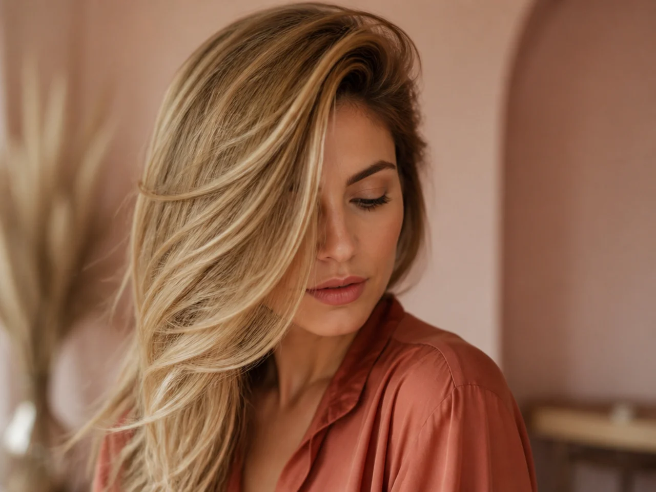 A deep side parting with blonde layers sweeping heavily across one side