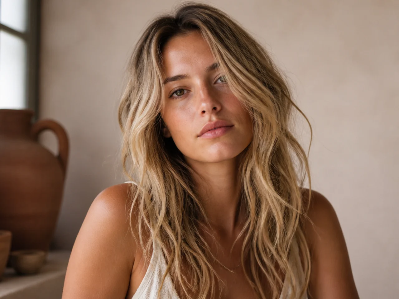 Undone air dried blonde layers falling loosely around the face