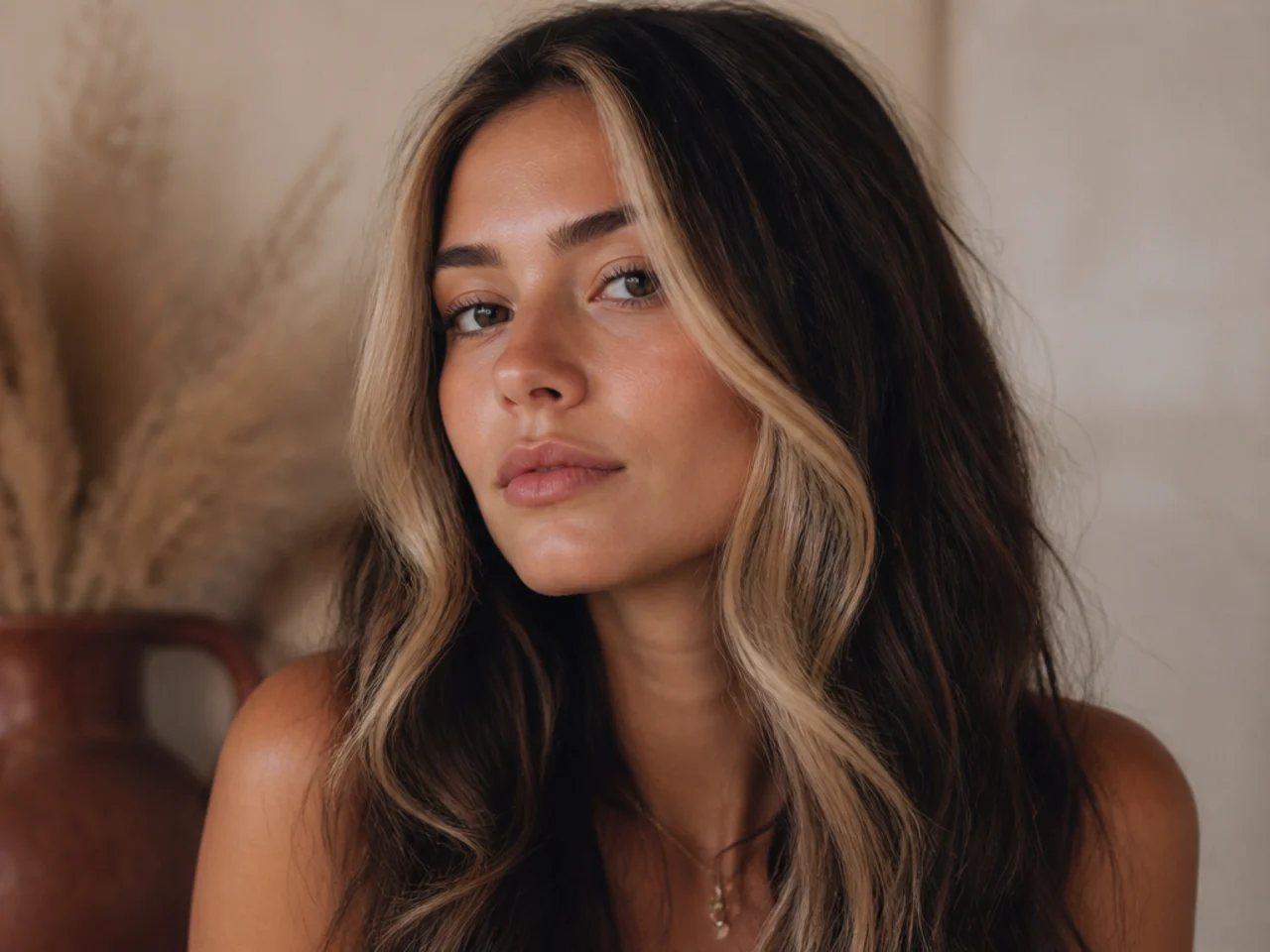 Two bright blonde panels framing the face against noticeably darker surrounding hair