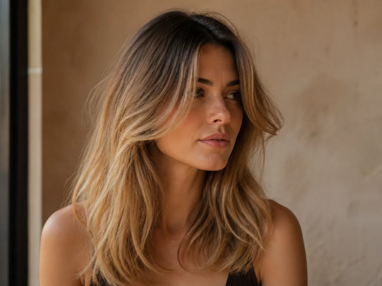 Grown out blonde layers with softened roots and warmer faded tone