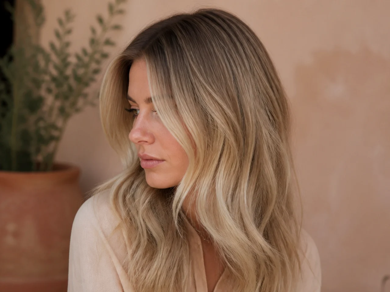 Blonde hair with a soft darker shadow at the roots blending into lighter lengths