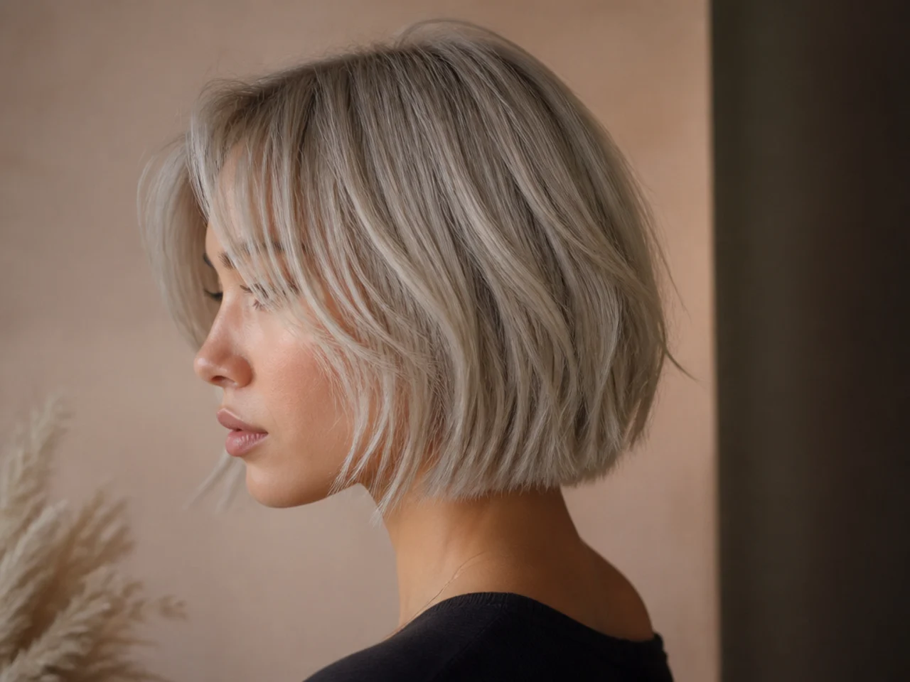 Cool toned grey blonde layers on a short cut with a sharp bottom edge