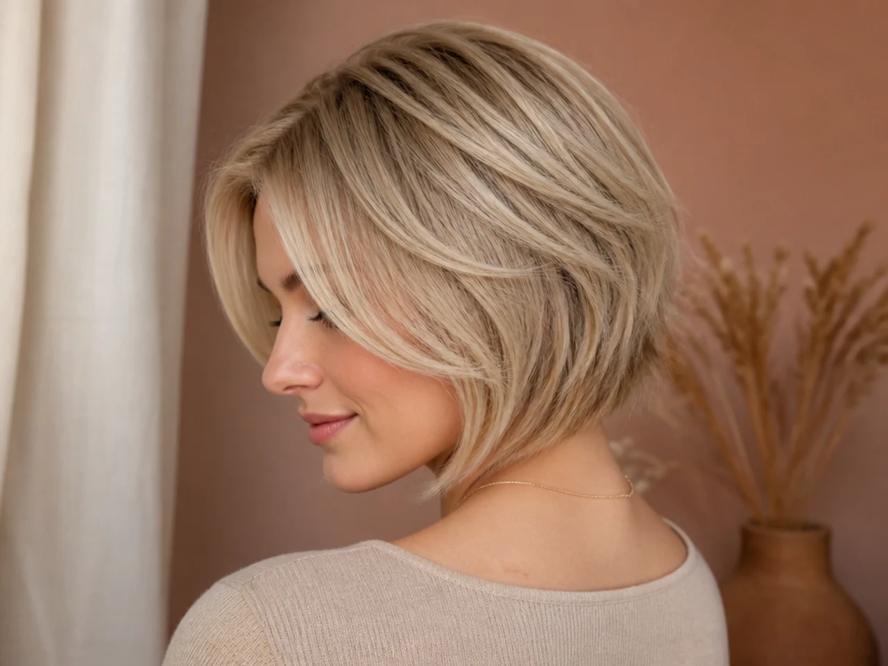 Neutral beige blonde layers on a short cut with even tone from root to end