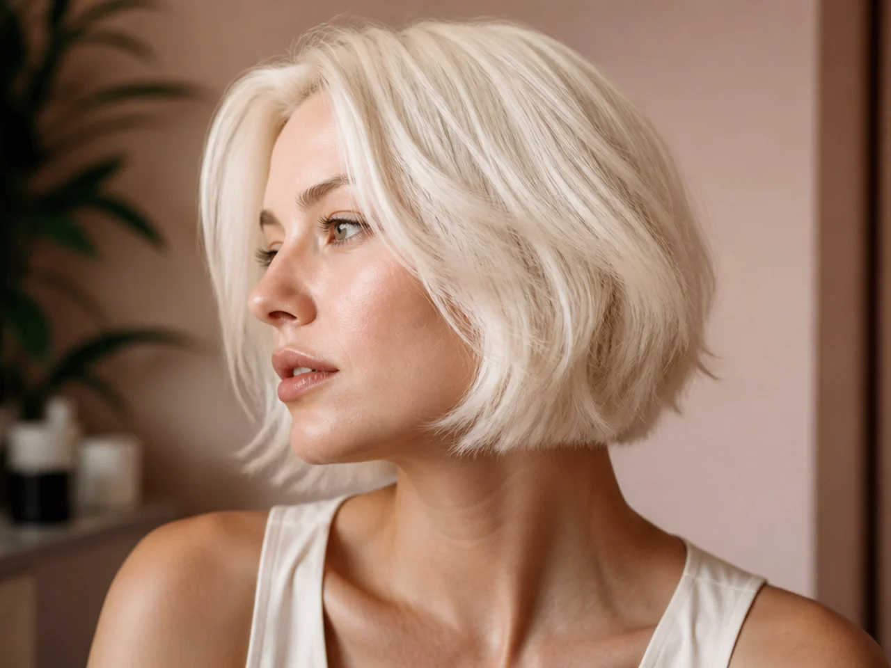Very pale platinum blonde short layers with a bright even tone throughout