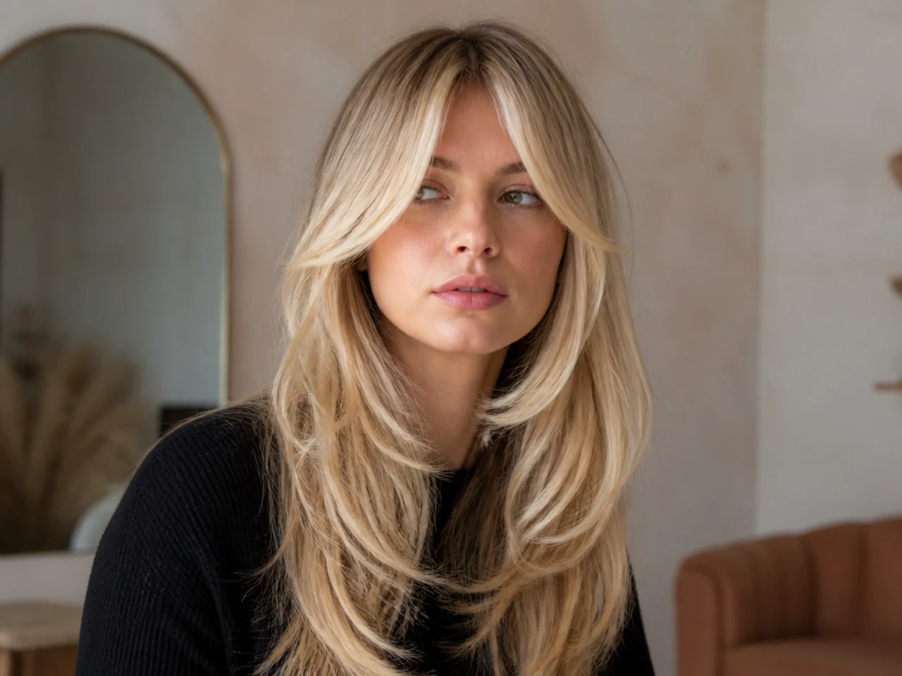 A blonde split fringe running unbroken into brighter face framing layers