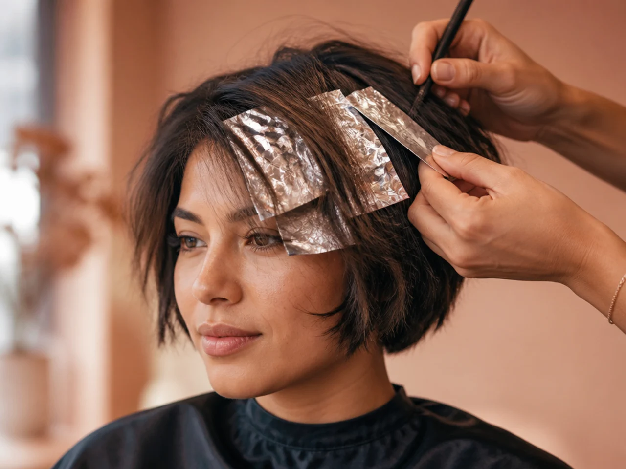 Foils being placed through the top layer of a short haircut around the face