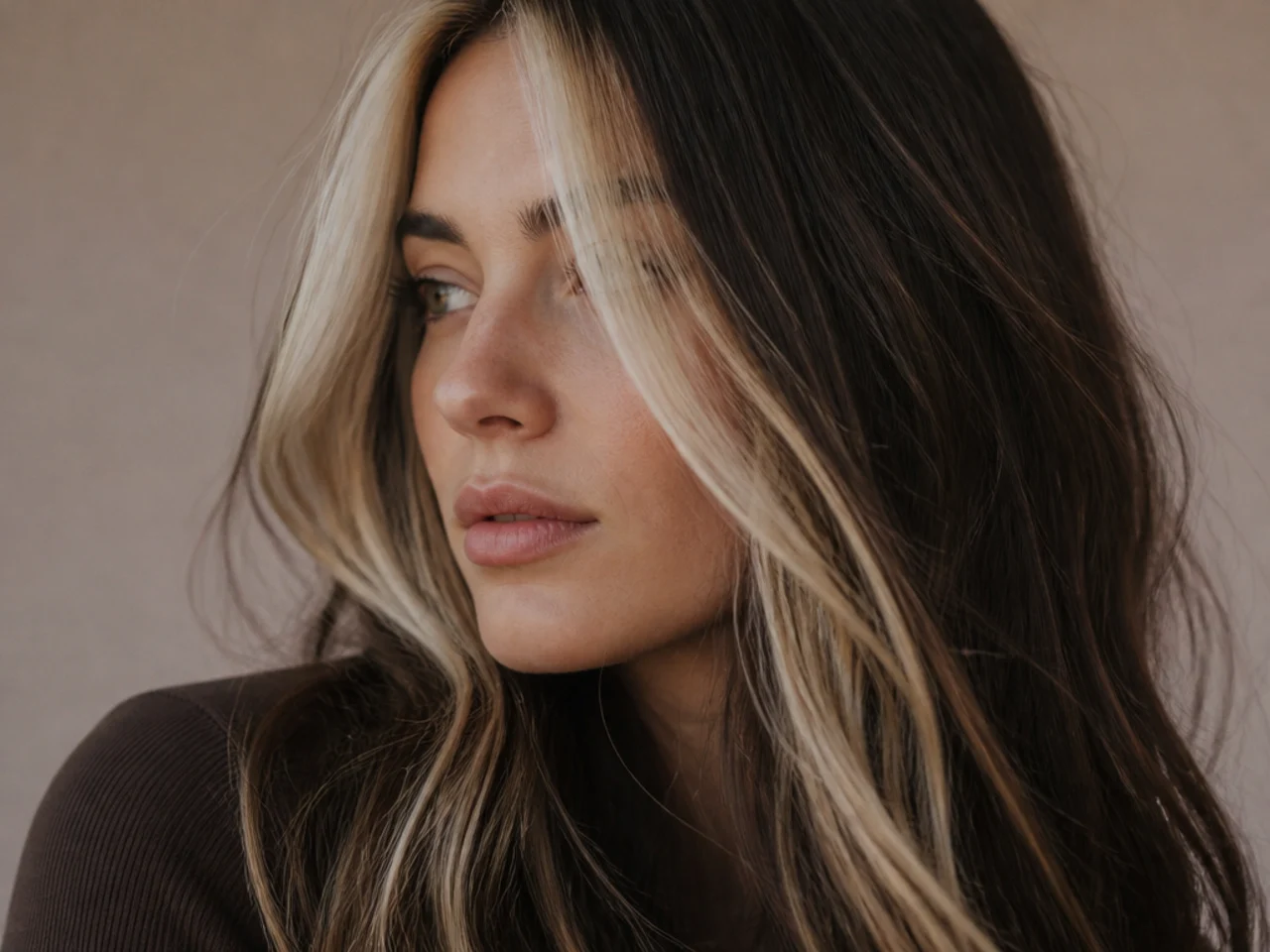 Close view of pale blonde front pieces sitting over darker hair beneath them