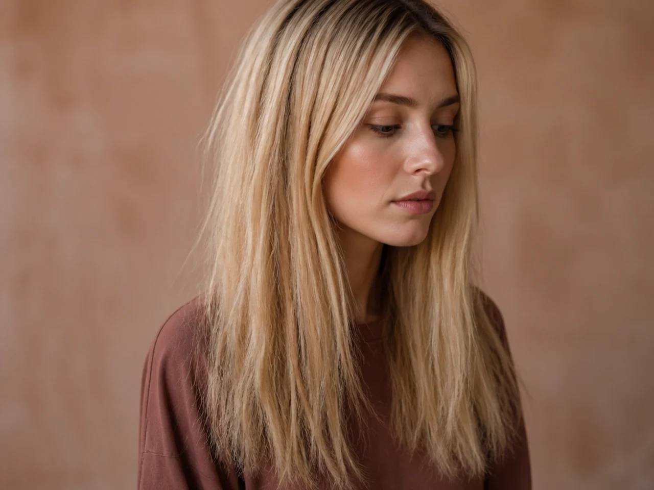 Flat overlightened blonde hair with no visible layer separation and dry ends