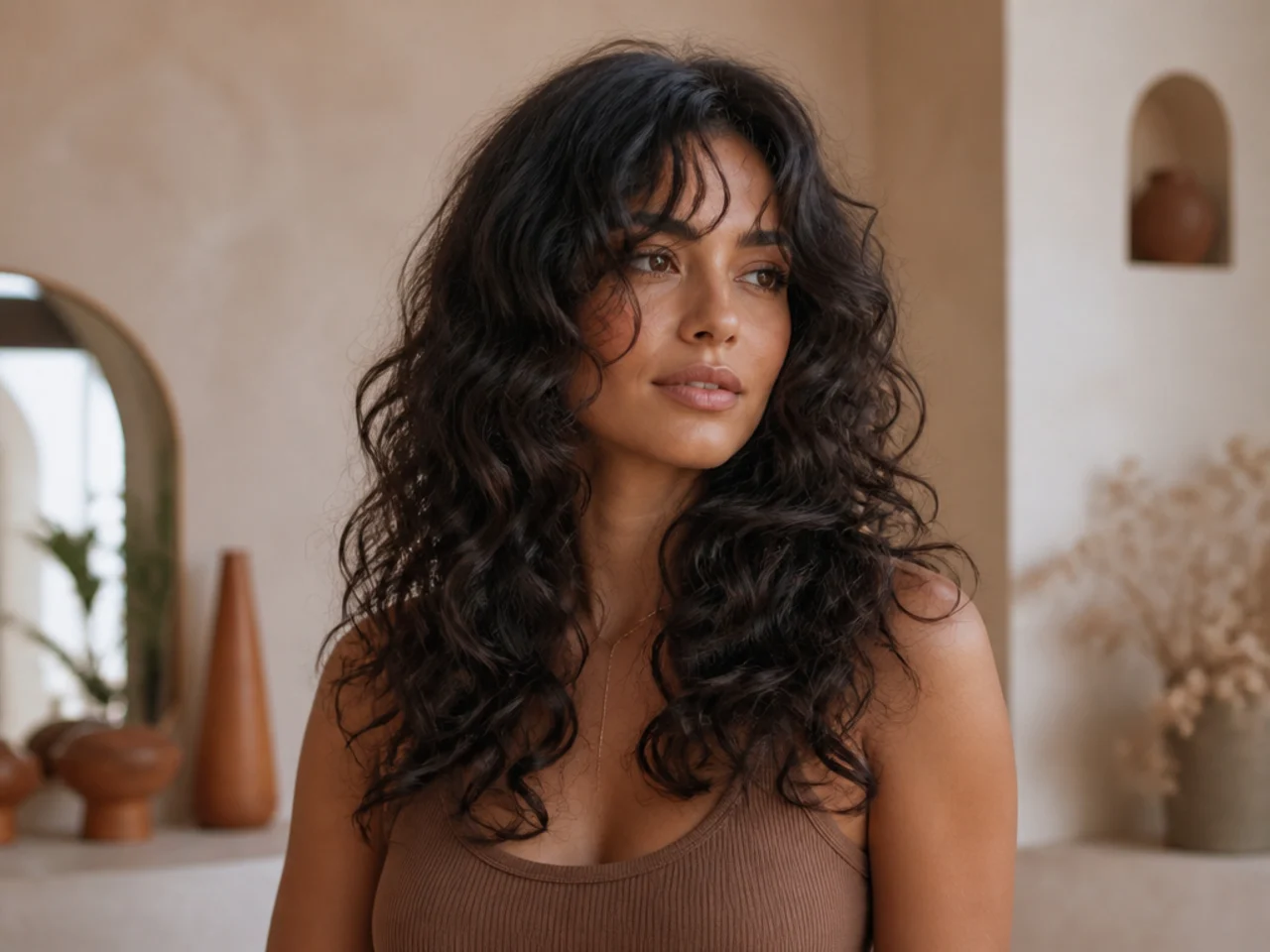 A curly butterfly cut with hidden internal layers