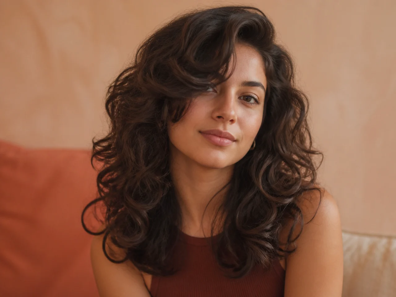 A curly butterfly haircut with a deep side parting