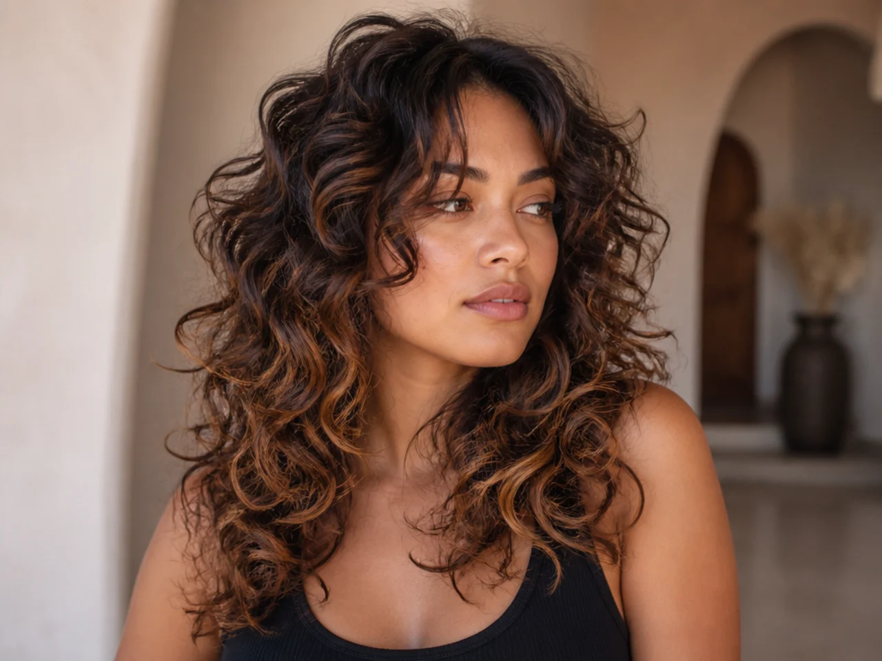 A curly butterfly haircut with balayage on the ends