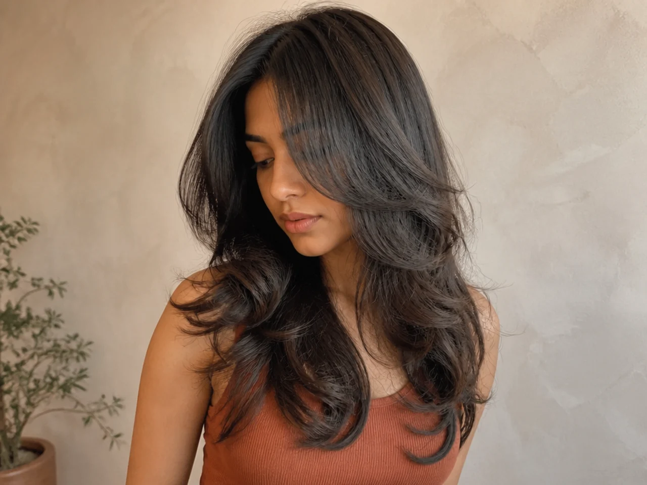 A butterfly haircut on loose wavy hair