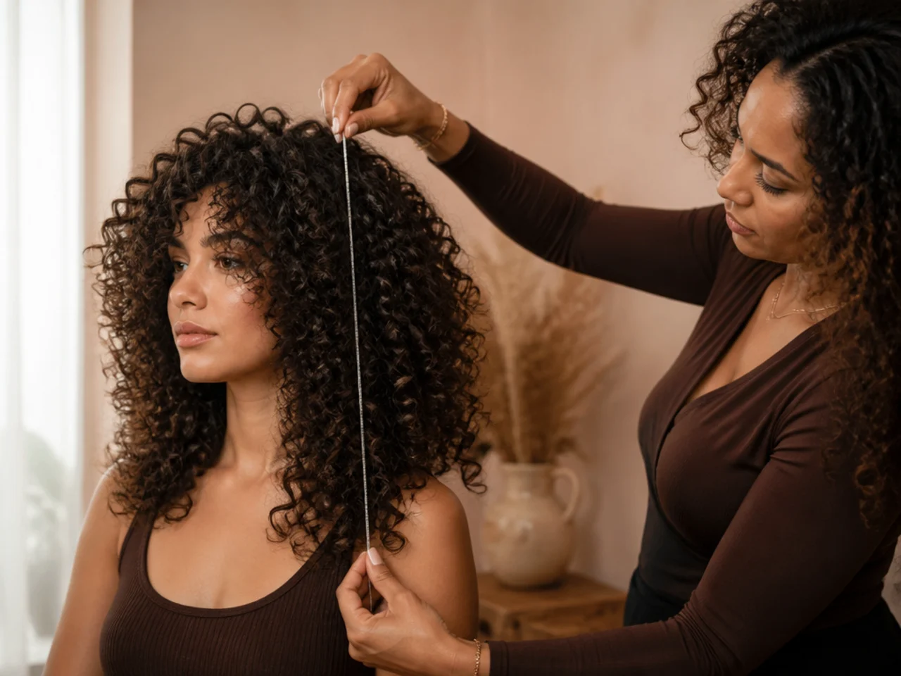 A stylist measuring layer tiers on curly hair