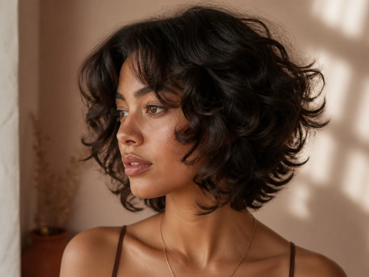 Three quarter view of a short curly butterfly haircut