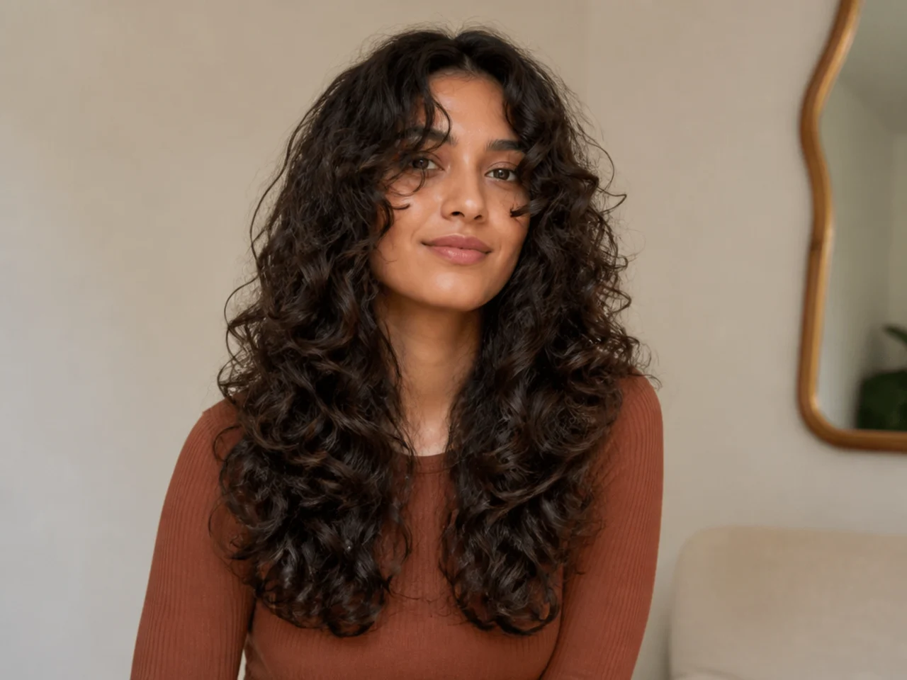 A curly butterfly haircut with the tiers cut too close together